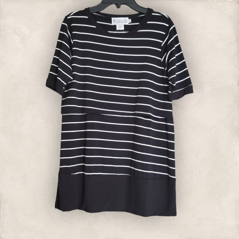 Mother 2 Be Maternity Nursing Wear Short Sleeve Black White Striped Top - Picture 1 of 10